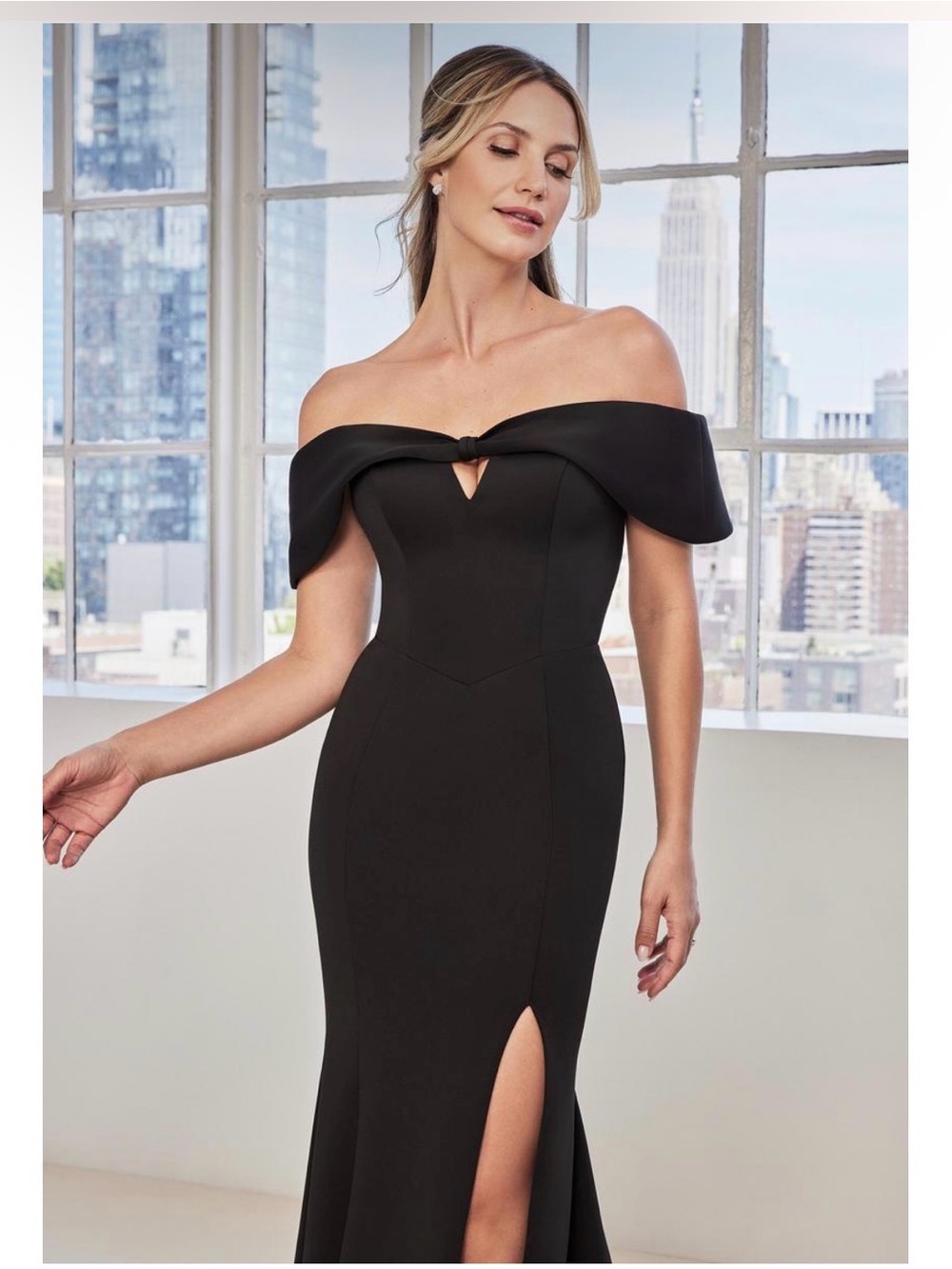 Morilee Size 6 Black Off Shoulder Mermaid Slit Formal Evening Gown NWT GALA MOB